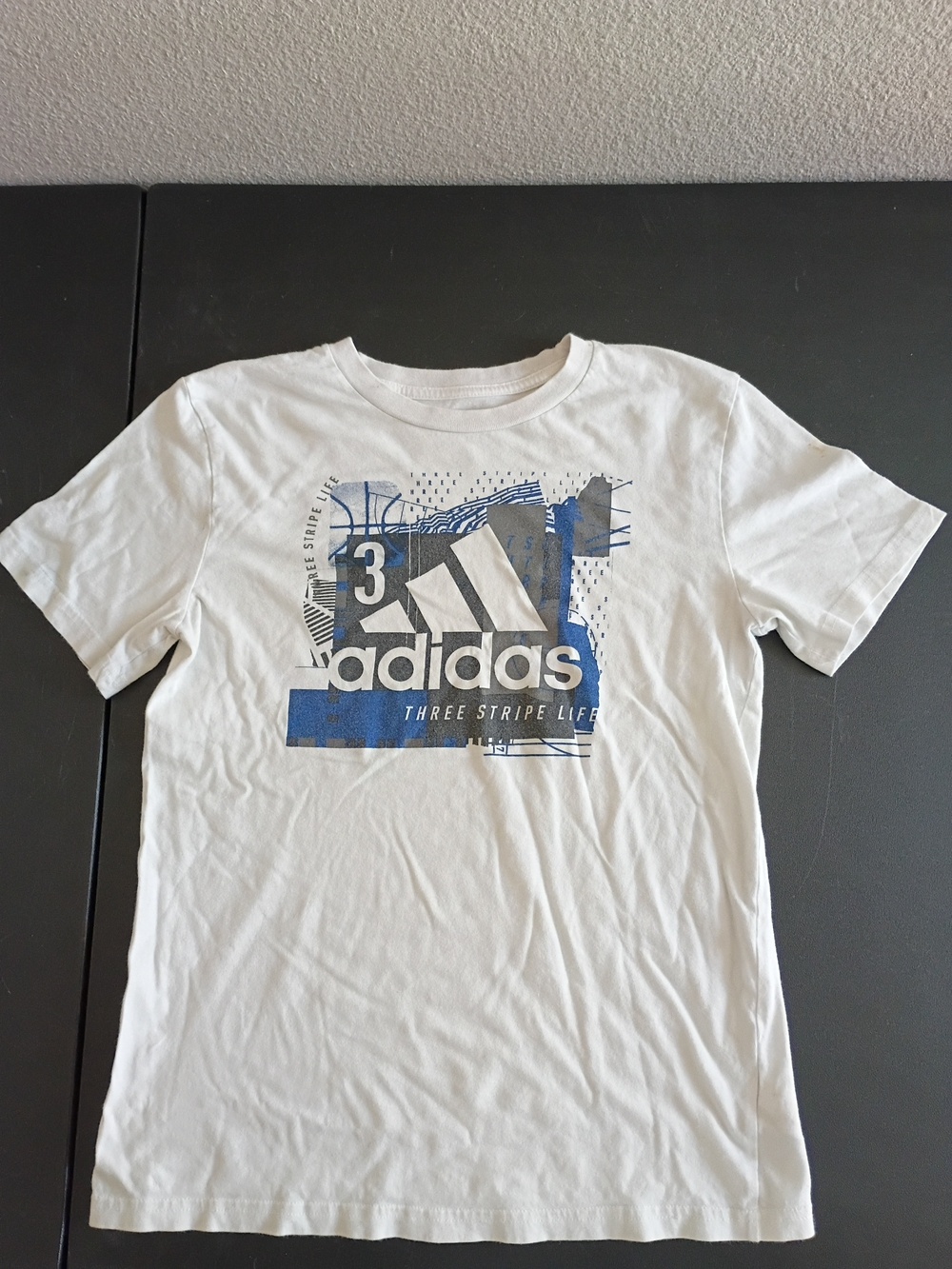 Adidas Youth Medium (10-12) "Three Stripe Life" Graphic T-Shirt - White Cotton S